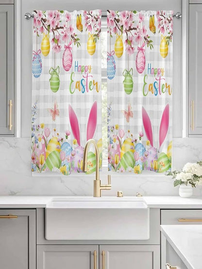 Happy Easter Living Room Curtains 72 Inches length, Spring Watercolor Bunny Eggs Flower Grey Plaid Window Treatment Curtain Drapes, Light Filtering Drapes for Bedroom Laundry Room, 52"x72", 2 Panels