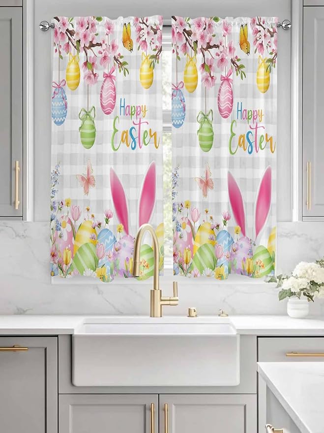 Happy Easter Bedroom Curtains 63 Inches length, Spring Watercolor Bunny Eggs Flower Grey Plaid Window Treatment Curtain Drapes, Rod Pocket Curtain Panels for Living Room Kitchen, 42"x63", 2 Panels