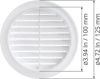 White 4" Inch Round Ventilation Grille with Insect mesh. (Duct 4Ø / Grille 5Ø) Ventilation Applications. Indoor and Outdoor Vent Cover. Available 3 Sizes / 4 Colors.