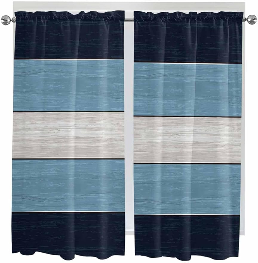 Vintage Country Woodcuts Window Valance Curtains, Blue Gradient Striped Light Filtering Kitchen Valance with 3-inch Rod Pocket for Living Room Bathroom Bedroom,2 Panel,52x72In