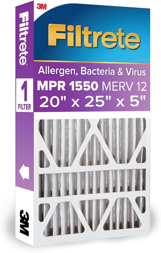 Filtrete 20x25x5 AC Furnace Air Filter, MPR 1550, MERV 12, Fits Trion AirBear, CERTIFIED Asthma & Allergy Friendly, Electrostatic Air Cleaning Filter, 1-Pack (actual size 19.56 x 24.13 x 4.75)