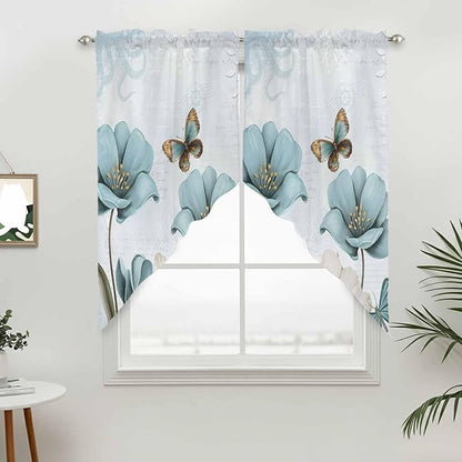 Blue Tulips Swag Valances for Windows, Watercolor Flowers Butterfly Spring Farmhouse Blue Rod Pocket Kitchen Curtains Valance, Small Window Curtains Swag for Cafe Living Room, 2 Panels, 36x36 inch