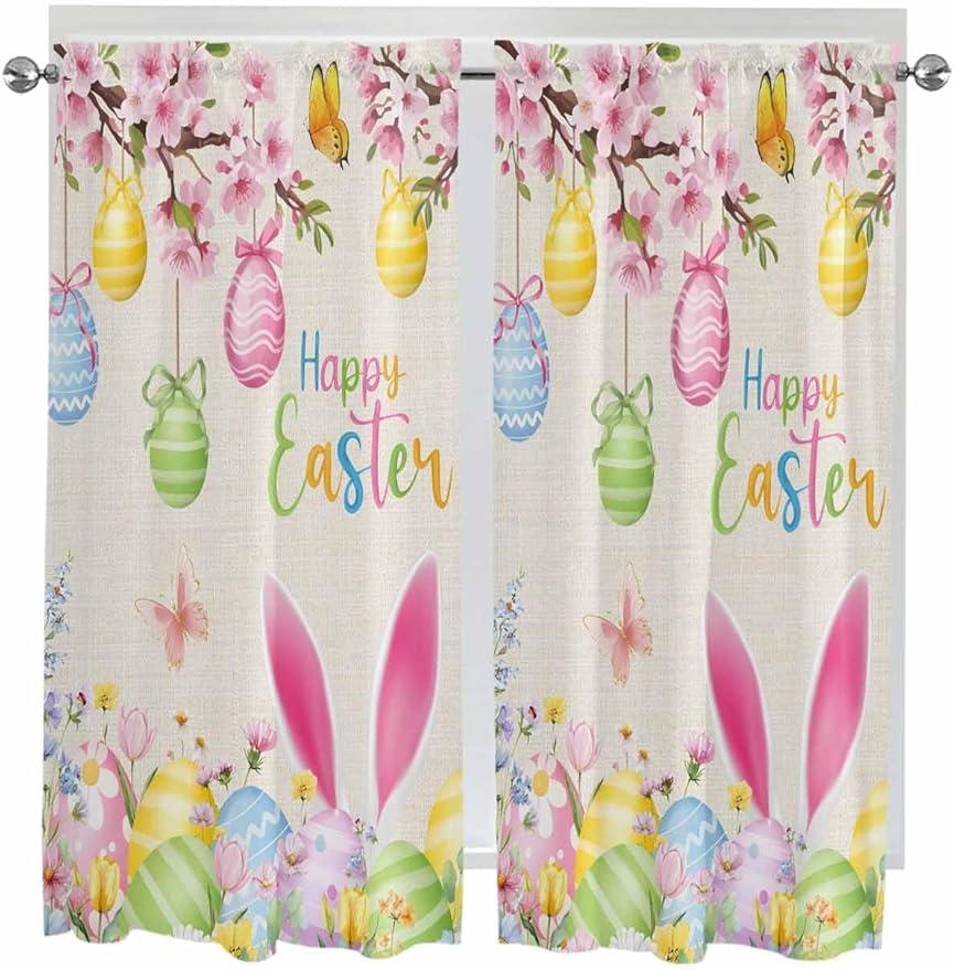 Happy Easter Living Room Curtains 72 Inches length, Spring Farmhouse Bunny Eggs Flower Beige Window Treatment Curtain Drapes, Light Filtering Drapes for Bedroom Laundry Room, 52"x72", 2 Panels