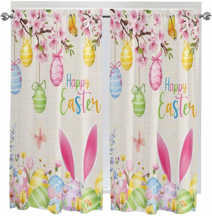Happy Easter Living Room Curtains 72 Inches length, Spring Farmhouse Bunny Eggs Flower Beige Window Treatment Curtain Drapes, Light Filtering Drapes for Bedroom Laundry Room, 52"x72", 2 Panels