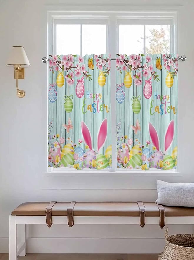 Happy Easter Tier Curtains 45 Inches Long, Spring Bunny Eggs Flower Teal Wood Grain Window Treatment Curtain Drapes, Window Half Privacy Curtains for Bedroom Bathroom, 42"x45", 2 Panels