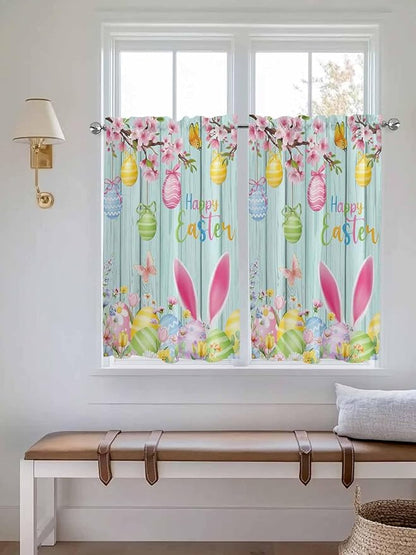 Happy Easter Tier Curtains 45 Inches Long, Spring Bunny Eggs Flower Teal Wood Grain Window Treatment Curtain Drapes, Small Curtain Drapes for Bathroom Laundry Room, 27.5"x45", 2 Panels