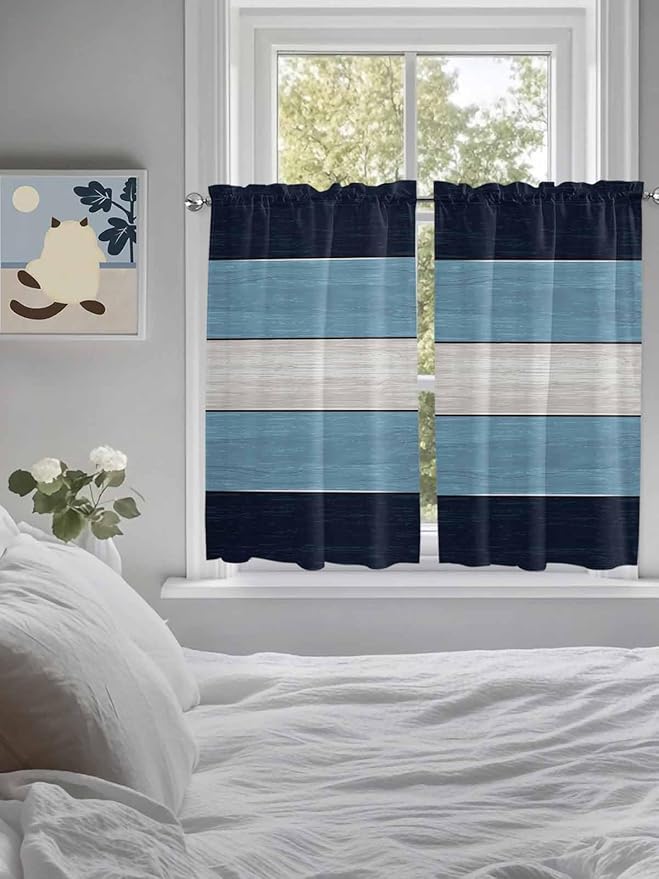 Vintage Country Woodcuts Window Valance Curtains, Blue Gradient Striped Light Filtering Kitchen Valance with 3-inch Rod Pocket for Living Room Bathroom Bedroom,2 Panel,42x45In