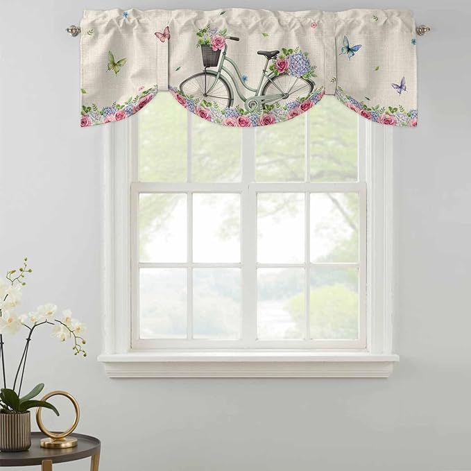 Farmhouse Spring Tie Up Valance Curtains for Windows, Kitchen Curtains Window Shades, Retro Bicycles Flowers Vines Butterfly Light Filtering Roman Curtain Valances for Bedroom/Bathroom/Cafe 42"x12"