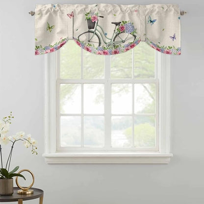 Farmhouse Spring Tie Up Valance Curtains for Windows, Kitchen Curtains Window Shades, Retro Bicycles Flowers Vines Butterfly Light Filtering Roman Curtain Valances for Bedroom/Bathroom/Cafe 60"x18"