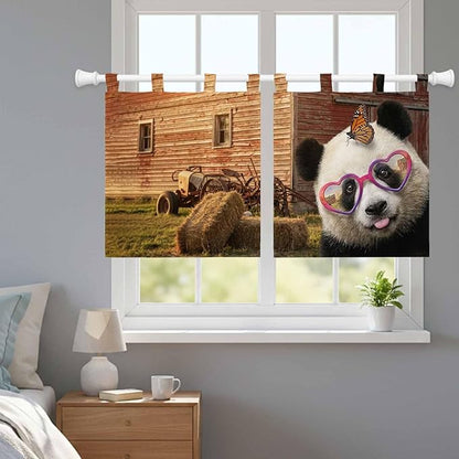 Farm Panda Kitchen Curtains 24 Inch Length, Small Window Curtains Tab Top, Farmhouse Barn Funny Animals Butterfly Light Filtering Short Window Treatments Tier Drapes 27.5"x24" 2 Panel