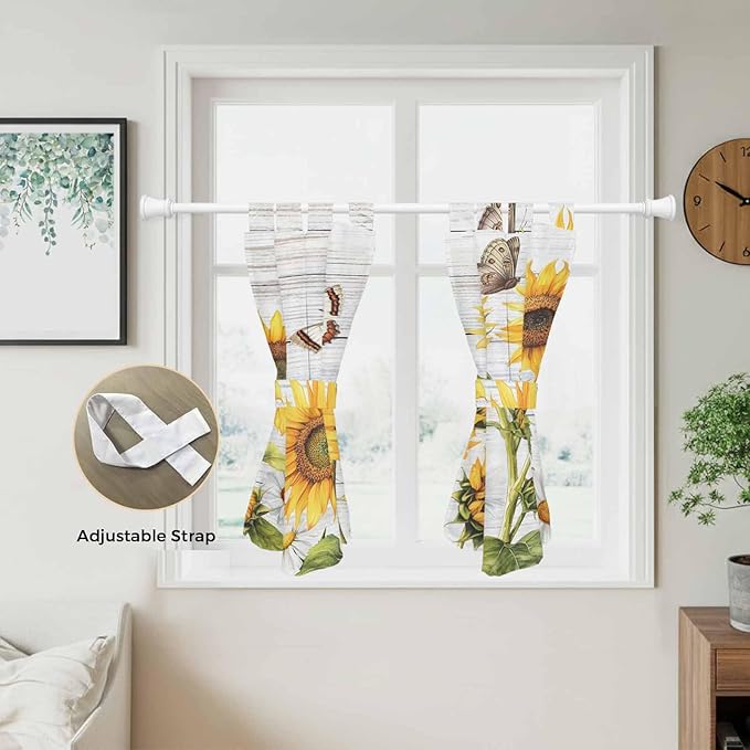 Yellow Sunflowers Bedroom Curtains 63 Inch Length, Window Curtains Tab Top, Vintage Country Flowers Butterfly Wood Board Light Filtering Window Treatments Drapes 42"x63" 2 Panel
