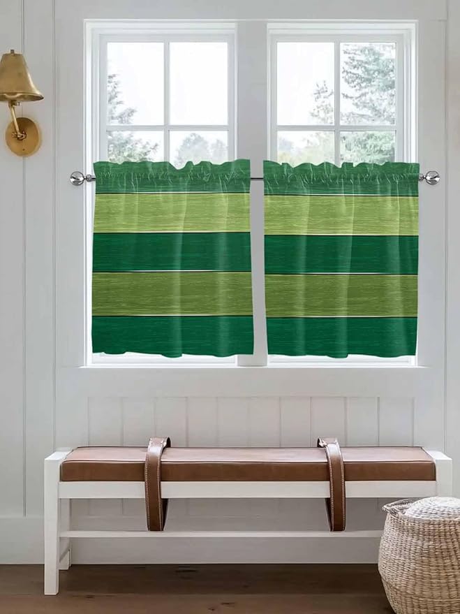Farm Retro Green Wood Grain Window Valance Curtains, Rustic Wooden Plank Texture Light Filtering Kitchen Valance with 3-inch Rod Pocket for Living Room Bathroom Bedroom,2 Panel,27.5x24In