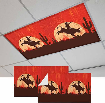 Fluorescent Light Covers for Drop Ceiling Western Cowboys Horse Riding on Red Magnetic Light Filters, Abstract Cactus Desert Ceiling Shade Filters for Home Classroom Office,2x4 ft,2Packs