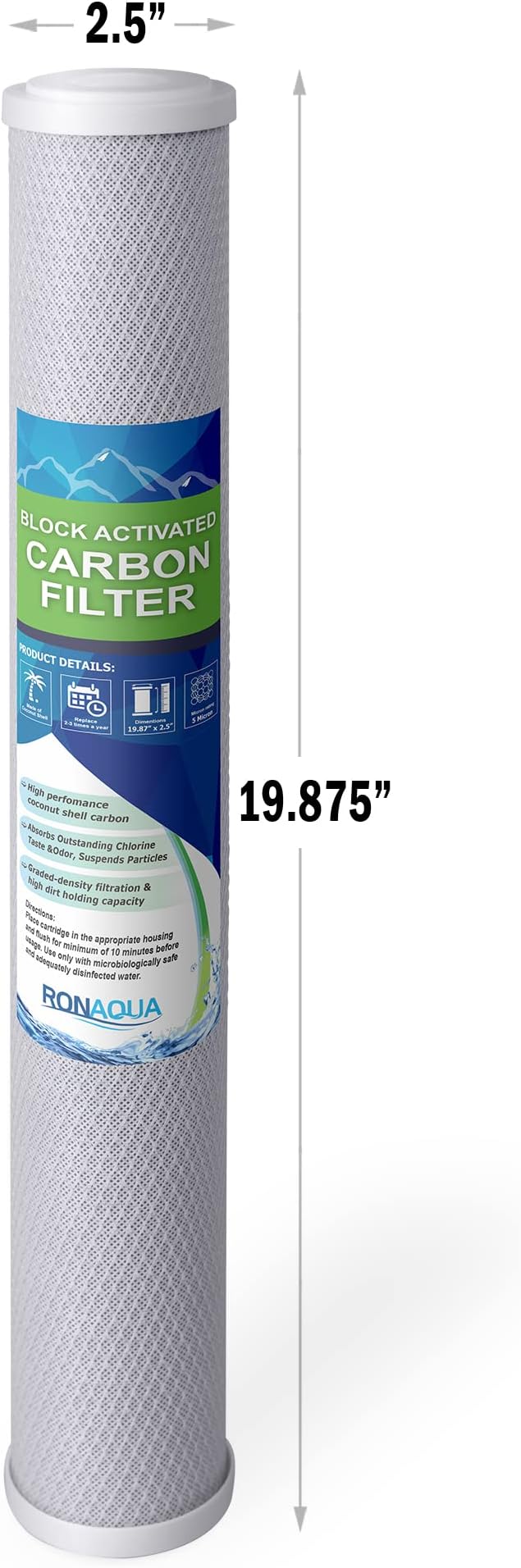 Standard Whole House Coconut Shell Carbon Block 5 Micron Water Filter 20” x 2.5” Fits 20” x 2.5” Housings. Remove Chlorine and Bad Odor. Compatible with C1-20, HX-CB-25-2010, F3WCB32 Pack of 6