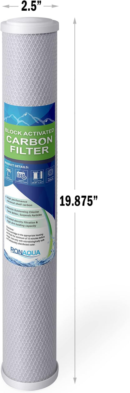 Standard Whole House Coconut Shell Carbon Block 5 Micron Water Filter 20” x 2.5” Fits 20” x 2.5” Housings. Remove Chlorine and Bad Odor. Compatible with C1-20, HX-CB-25-2010, F3WCB32 Pack of 6