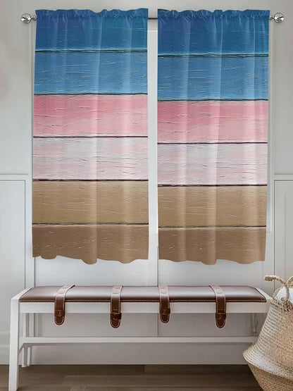 Blue Pink Brown Gradient Wood Grain Window Valance Curtains, Vintage Wood Board Light Filtering Kitchen Valance with 3-inch Rod Pocket for Living Room Bathroom Bedroom,2 Panel,42x63In