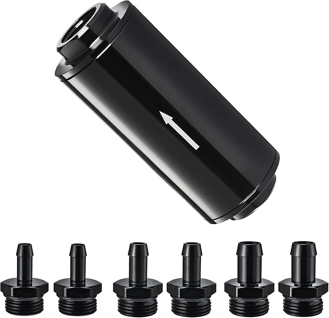 EVIL ENERGY Inline Fuel Filter 30 Micron with Barb 1/2", 3/8", 5/16" Fitting Adapter 60MM Universal Aluminum Black, for Gasoline, Diesel, Rubber Fuel Line, Car EFI & Carb Fuel Systems