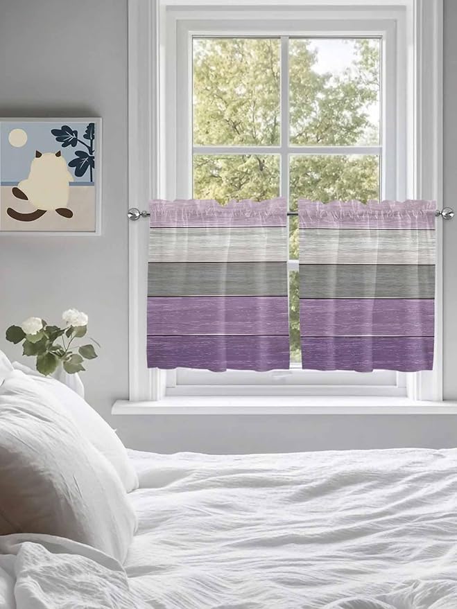 Country Wood Board Gray Purple Window Valance Curtains, Farmhouse Gradient Plank Light Filtering Kitchen Valance with 3-inch Rod Pocket for Living Room Bathroom Bedroom,2 Panel,27.5x36In