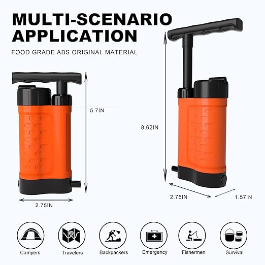 Portable Water Filter Pump, 0.01 Micron Manual Survival Water Purifier for Camping Hiking Backpacking Emergency, Fast Flow Removes Harmful Substances & Sediment (K8188-Orange)