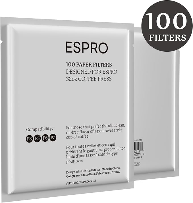 ESPRO 100 Count Coffee Paper Filters - for ESPRO Coffee French Press, P3/P5/P6/P7, 32 Ounce