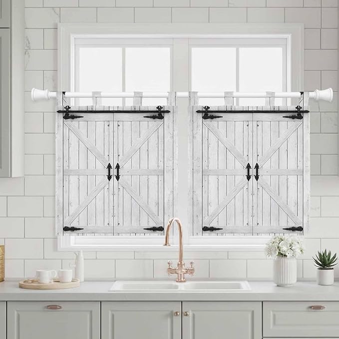 Farmhouse Wood Grain Kitchen Curtains 24 Inch Length, Small Window Curtains Tab Top, Vintage Country Barn Gate Grey Light Filtering Short Window Treatments Tier Drapes 27.5"x24" 2 Panel
