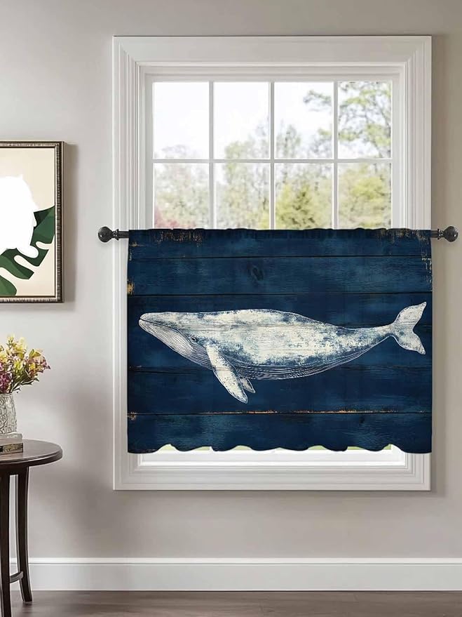 Sheer Curtains 45 Inch Length, Summer Whale Semi Sheer Curtains Light Filtering Window Treatment, Ocean Watercolor Wooden Grain Blue Privacy Voile Drapes for Living Room Bedroom 52x45 Inch