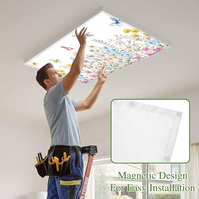 Fluorescent Light Covers for Ceiling Lights Spring Flowers Magnetic Light Filters 4 Pack 4x2 ft Daisy Butterflies Dragonfly Ceiling Lights Cover for Classroom Office School Home Drop Lamp Decor