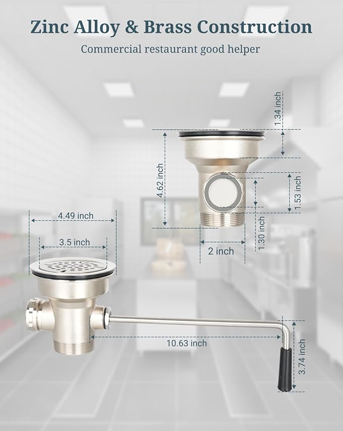 3-1/2 Inch Commercial Sink Drain with Lever Handle Kitchen Sink Opening Waste Drain Valve Stopper Prevents Sink Clogged Overflow for 1/2/3 Compartment Sink Style Drains
