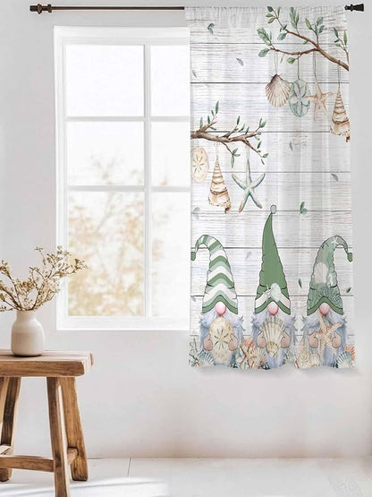 Sheer Curtains 72 Inches Long, Sage Green Gnomes Semi Sheer Curtains Light Filtering Window Treatment, Eucalypus Coastal Anchor Retro Wood Privacy Voile Drapes for Living Room Bedroom 52x72 Inch