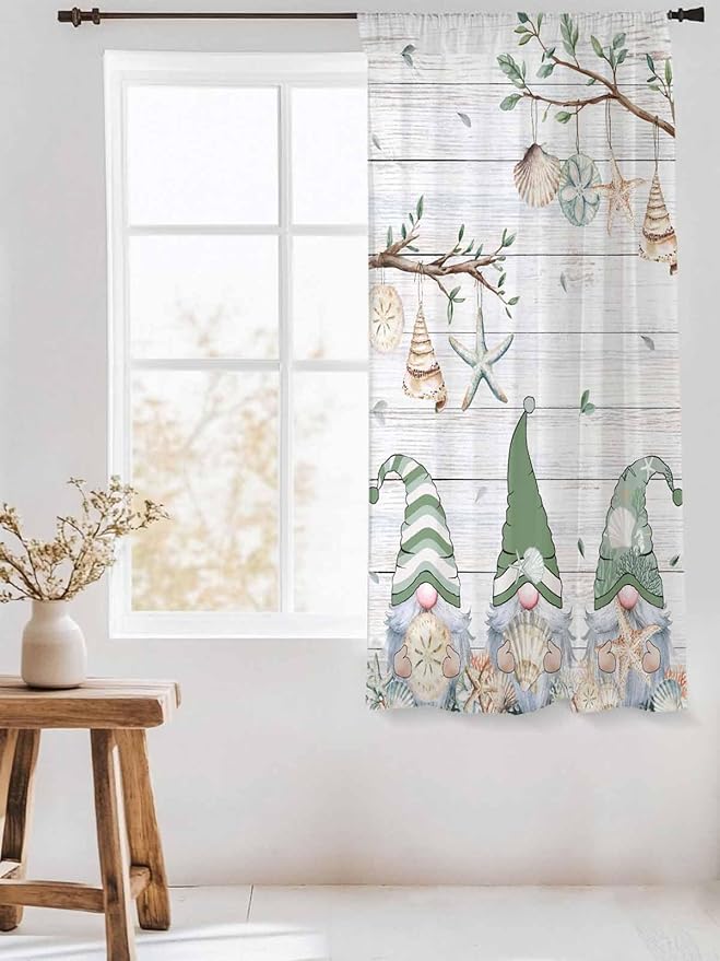 Sheer Curtains 63 Inch Length, Sage Green Gnomes Semi Sheer Curtains Light Filtering Window Treatment, Eucalypus Coastal Anchor Retro Wood Privacy Voile Drapes for Living Room Bedroom 52x63 Inch