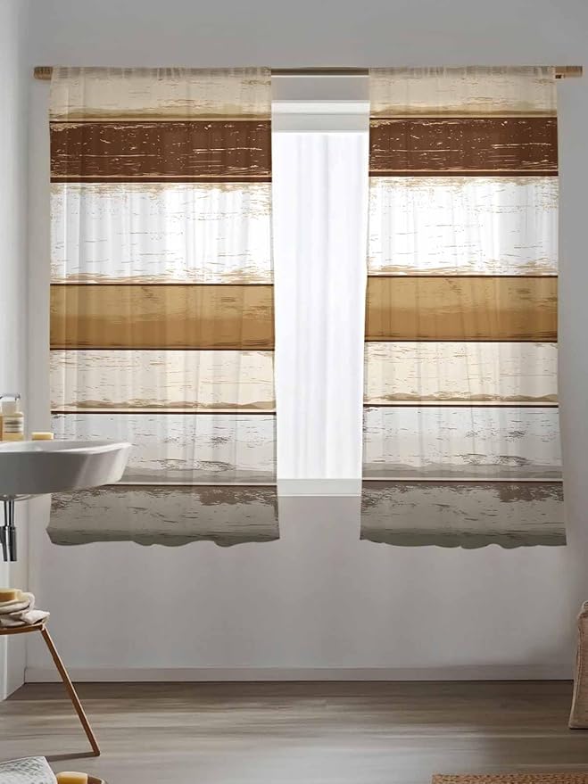 Sheer Curtains 63 Inch Length, Brown Wood Grain Semi Sheer Curtains Light Filtering Window Treatment, Vintage Country Geometric Striped Privacy Voile Drapes for Living Room Bedroom 52x63 Inch