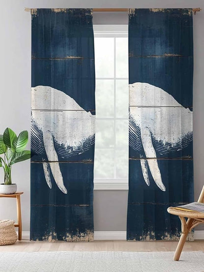Sheer Curtains 96 Inches Long, Ocean Whale Blue Semi Sheer Curtains Light Filtering Window Treatment, Watercolor Coastal Vintage Wood Grain Privacy Voile Drapes for Living Room Bedroom 52x96 Inch