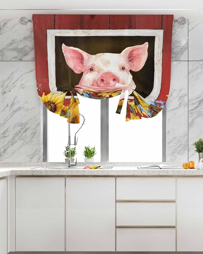 Tie Up Curtains for Windows, Pigs Sunflowers Adjustable Balloon Nature Linen Textured Kitchen Curtain, Farmhouse Red Barn Flowers Animals Blackout Curtains for Living Room, 46 x 63 Inches