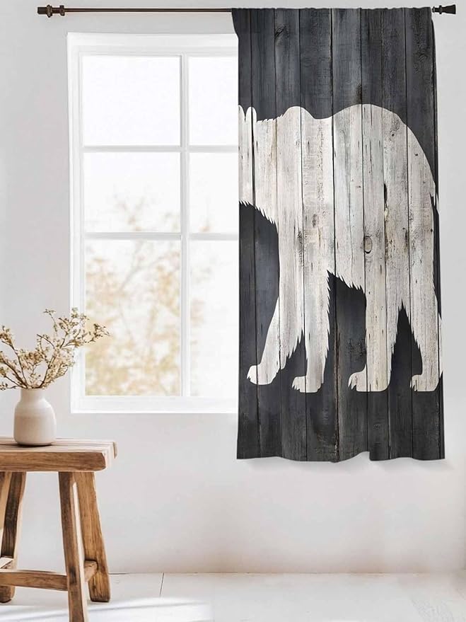 Sheer Curtains 72 Inches Long, White Brown Bear Semi Sheer Curtains Light Filtering Window Treatment, Rustic Counrty Vintage Wood Grain Privacy Voile Drapes for Living Room Bedroom 52x72 Inch