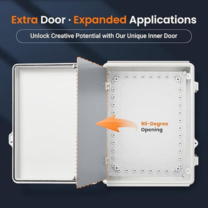 QILIPSU Waterproof Junction Box IP67 Outdoor Plastic Electrical Project Enclosure Weatherproof with Inner Door, Mounting Plate, Wall Brackets, Hinged Grey Cover 14.6"x10.6"x5.9" -D