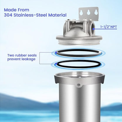Amwater NSF/ANSI 42 Certification Big+ Stainless Steel Filter Housing for 10”Length,4.5"OD Filter Cartridge(10" C Housing-1.5NPT)