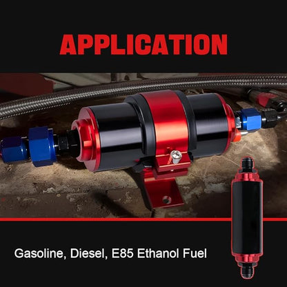 BARTOO 100 Micron Inline Fuel Filter with 6AN 8AN 10AN Adapter and 50MM Mounting Bracket For Filtering Gasoline, Diesel, E85(Red)