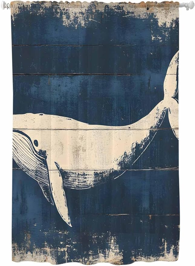 Sheer Curtains 72 Inches Long, Ocean Whale Blue Semi Sheer Curtains Light Filtering Window Treatment, Summer Coastal Vintage Wood Grain Privacy Voile Drapes for Living Room Bedroom 52x72 Inch