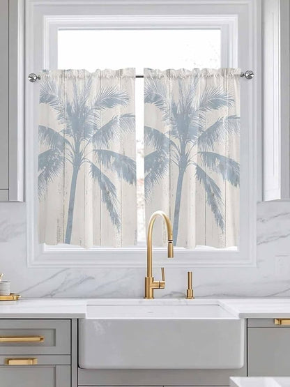 Summer Coconut Tree on Vintage Wood Grain Window Valance Curtains, Seaside Plants Light Filtering Kitchen Valance with 3-inch Rod Pocket for Living Room Bathroom Bedroom,2 Panel,27.5x45In