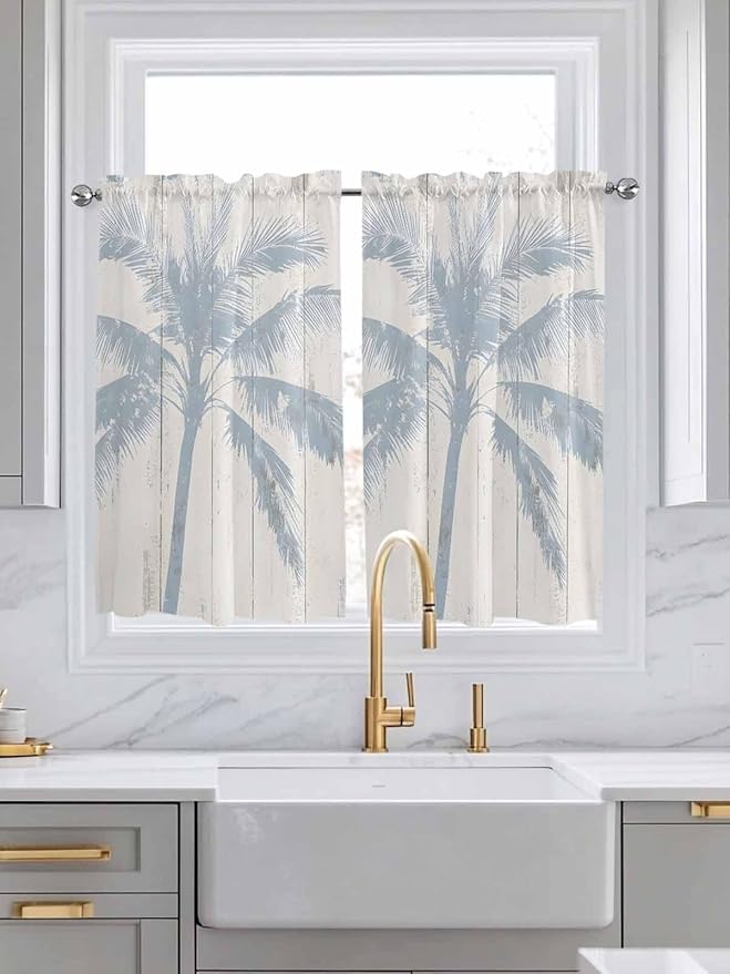 Summer Coconut Tree on Vintage Wood Grain Window Valance Curtains, Seaside Plants Light Filtering Kitchen Valance with 3-inch Rod Pocket for Living Room Bathroom Bedroom,2 Panel,42x45In