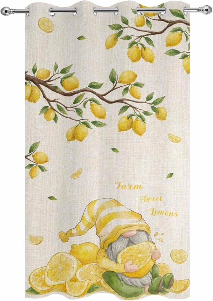 Summer Outdoor Curtains for Patio Lemon Gnome Leaf Linen Texture Waterproof Outside Curtains with Grommet Top Weatherproof Curtain for Cabana Pergola Gazebo, 1 Panel, 54" W x 108" L