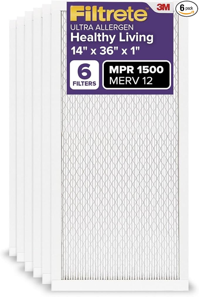 Filtrete 14x36x1 AC Furnace Air Filter, MERV 12, MPR 1500, CERTIFIED asthma & allergy friendly, 3 Month Pleated 1-Inch Electrostatic Air Cleaning Filter, 6-Pack (Actual Size 13.81x35.81x0.78 in)