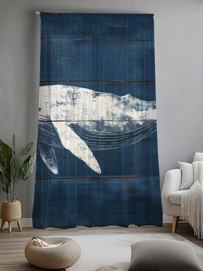 Sheer Curtains 108 Inches Long, Summer Whale Semi Sheer Curtains Light Filtering Window Treatment, Ocean Vintage Wooden Grain Blue Privacy Voile Drapes for Living Room Bedroom 52x108 Inch