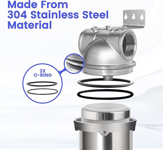 Amwater NSF/ANSI 42 Certification Big+ Stainless Steel Filter Housing for 20”Length,4.5"OD Filter Cartridge, Drain Valve Style C (Square Head)