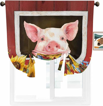 Tie Up Curtains for Windows, Pigs Sunflowers Adjustable Balloon Nature Linen Textured Kitchen Curtain, Farmhouse Red Barn Flowers Animals Blackout Curtains for Living Room, 46 x 63 Inches