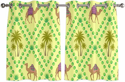 2 Panel Kitchen Cafe Curtains, Desert Sand Camels Sunlight Filtering Nature Air Through, Window Decor Tier Curtains for Living Room 104W x 52L inch Palm Trees Tropical Plants Polka Dot Yellow