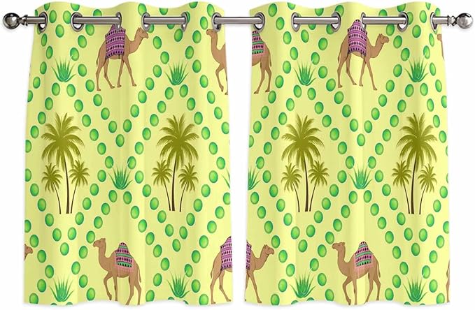 2 Panel Kitchen Cafe Curtains, Desert Sand Camels Sunlight Filtering Nature Air Through, Home Decor Window Covering Tier Curtains for Bedroom Living Room Palm Trees Tropical Plants Polka Dot Yellow