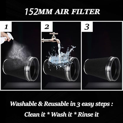 MUGE RACING 6" 152 mm High Flow Inlet Air Filter, Air Intake Cone Filter Replacement Performance Washable Clamp-On Dry, 8'' Tall(Black)