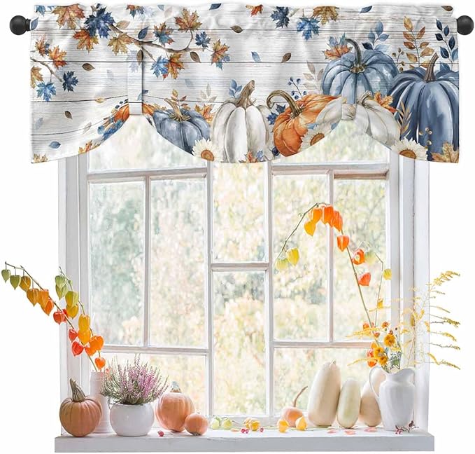 Thanksgiving Pumpkin Tie Up Valance Curtains for Windows, Kitchen Curtains Window Shades, Fall Maple Leaf Daisy Wooden Grain Light Filter Roman Curtain Valances for Bedroom/Bathroom/Cafe 60'' x 18''