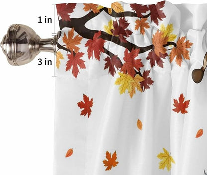 Fall Kitchen Curtain Set, Orange Yellow Thanksgiving Maple Leaf Gnomes Pumpkin Window Valance and Tiers 36" Length, Light Filtering Short Curtains Valance for Cafe Bathroom Bedroom 54"x18"
